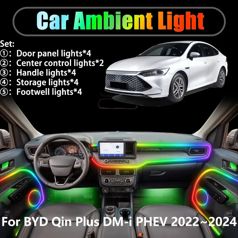 

For BYD Qin Plus DM-i PHEV 2022~2024 2/18 in 1 Car ambient lighting Led trunk interior led lights USB RGB Ensemble Streamer Auto