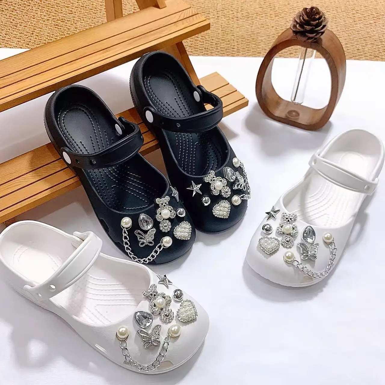 New Eva Mary Jane Clogs for Women with Silver Rhinestones, Butterfly, Heart, Pearl Chain, Full Set of Shoe Decorations, Closed-Toe Sandals