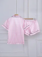 Striped Embroidered Letter Pocket Short Sleeve And Shorts Pajama Set Casual Satin Sleepwear Lapel Collar Classic Print - Image 2