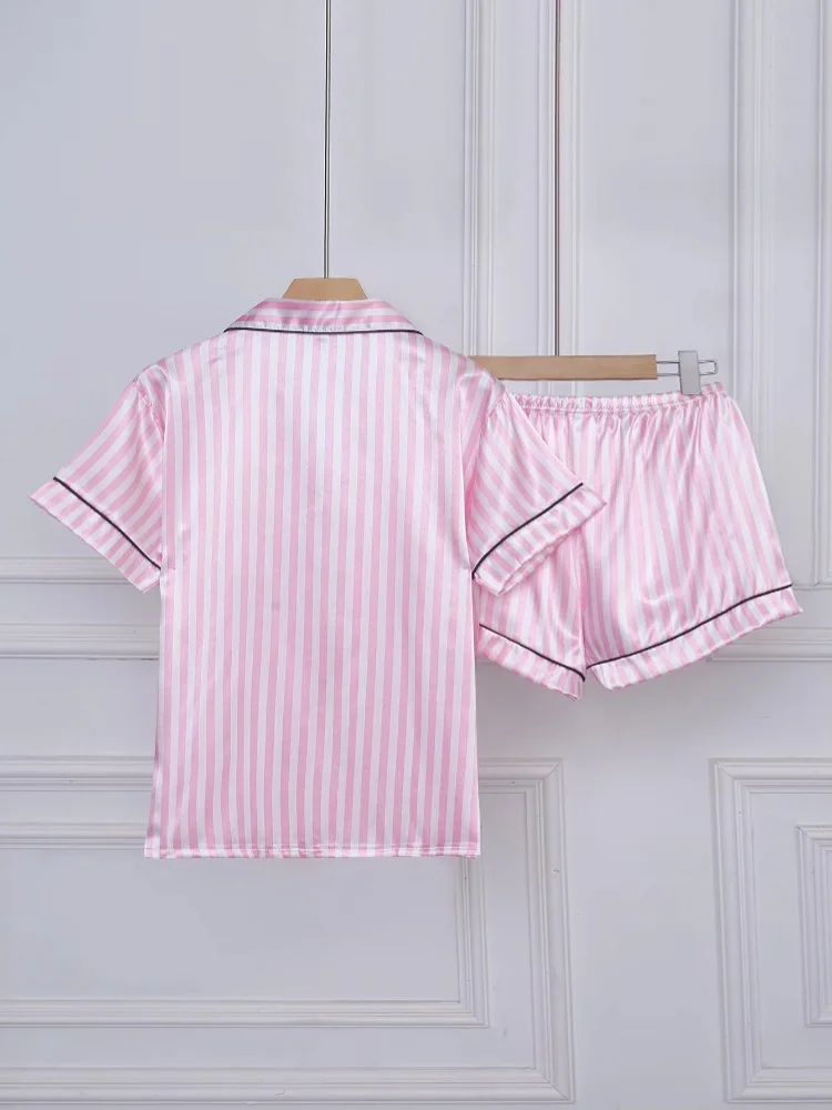 Striped Embroidered Letter Pocket Short Sleeve And Shorts Pajama Set Casual Satin Sleepwear Lapel Collar Classic Print