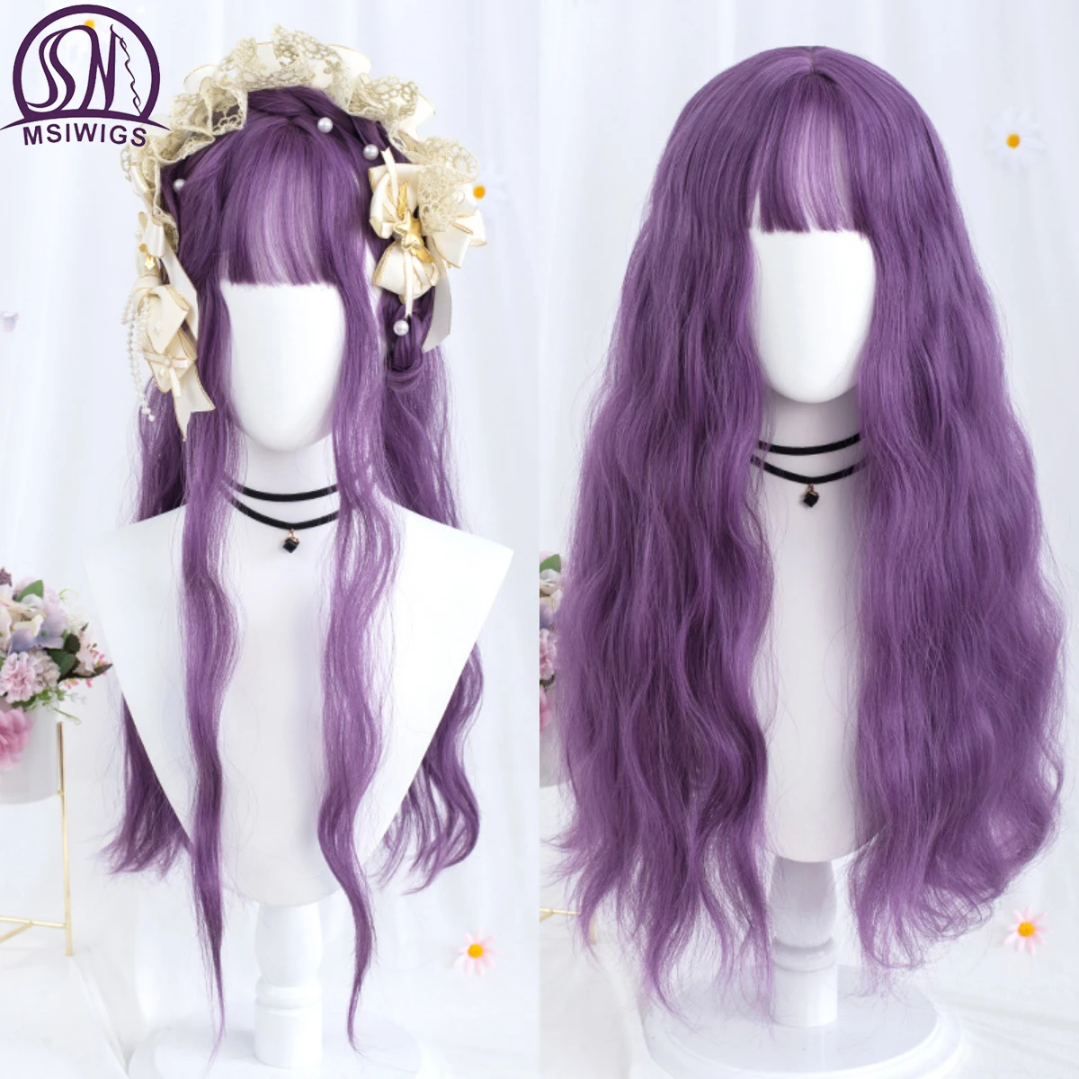 

MSIWIGS Long Wavy Purple Cosplay Synthetic Wigs Lolita Halloween With Bangs for Women Party Dailly Heat Resistant Wig