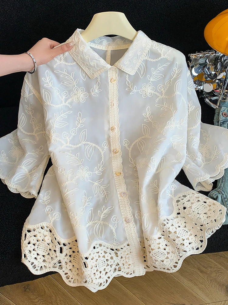 

Elegant Lace Hook Flower Summer New Loose Slim Fit Thin Short Sleeve Women's Sun Protection Shirt Breathable Comfortable ...