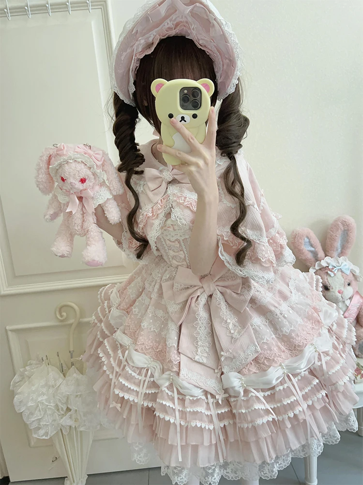 Estilo japonês original macio meninas lolita vestido rosa feminino doce fino ajuste arco renda com capa vestido curto conjunto primavera e verão