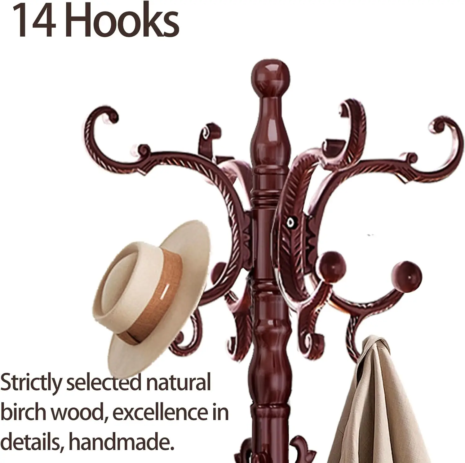 Wooden Coat Tree with Stable Round Base, Vintage Heavy Duty Coat Rack Stand with 14 Hooks, Coat Hanger Stand for Bedroom, Office