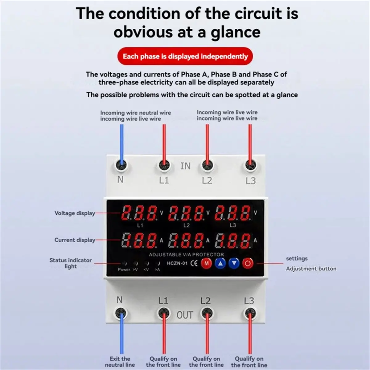 Homegood 3 Phase Din Rail Voltmeter Ammeter with over/Under Voltage Current Limit Protection Self-Resetting Surge Protector 63A