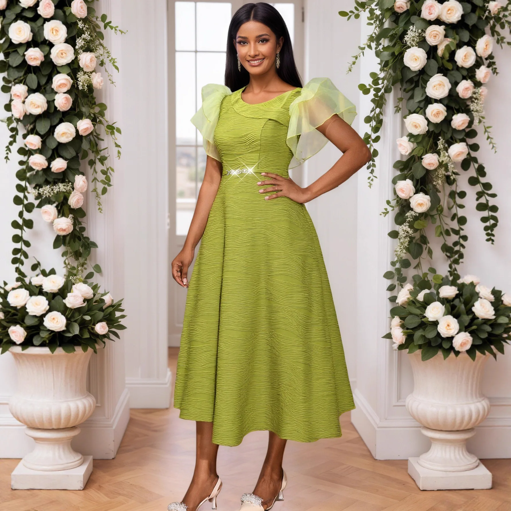 

Women's Elegant Slanted Neck Mesh Dress 2025 Flying Sleeve Mid-Length A-Line Party Style with Cinched Waist