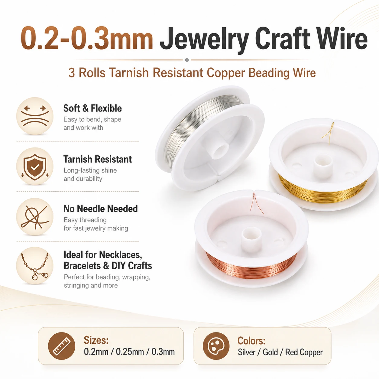 

3pcs/set 0.2-0.3mm Coppers Beading Wire 3 Rolls, Tarnish Resistant Jewelry Craft Wire for DIY Jewelry Making Supplies & Crafts