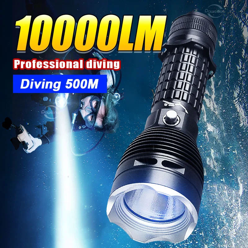 10000LM Professional Diving Flashlight Scuba LED Dive Light 26650 Hunting Dive Torch IPX8 Waterproof Underwater Lantern