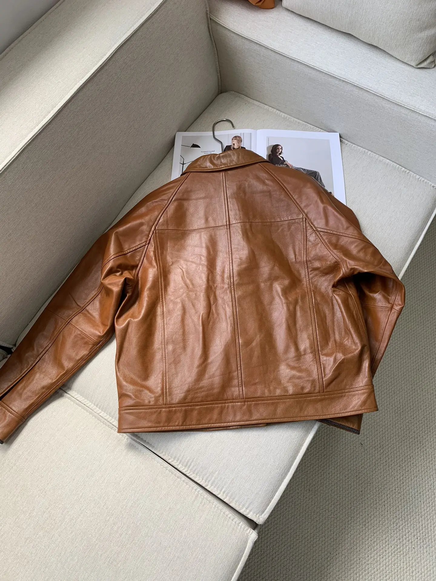 Manteau en Cuir pour Femme, 2024 Laine, Perle, Col Rabattu, Simple Boutonnage, Veste Décontractée à Manches sulf, Nouvelle Collection Automne Hiver 100%