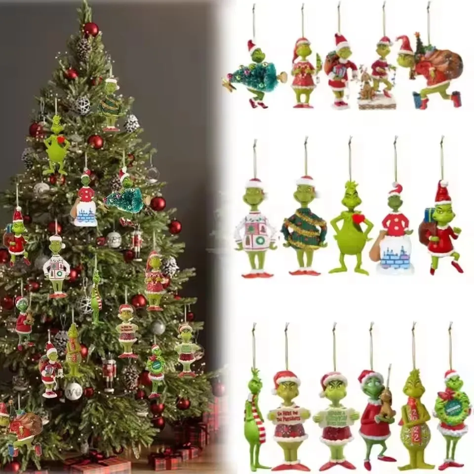 18 Uds. De adornos de monstruos verdes para árbol de Navidad de madera 2D, lindos monstruos verdes, colgantes para árbol de Navidad, adornos navideños de dibujos animados