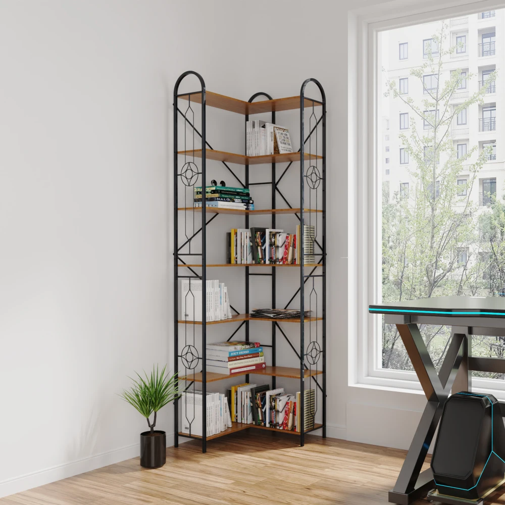 7 Shelf Bookcase Modern High Bookcase Thickened Iron Frame and Thickened Laminate Composition Strong Load-bearing Capacity