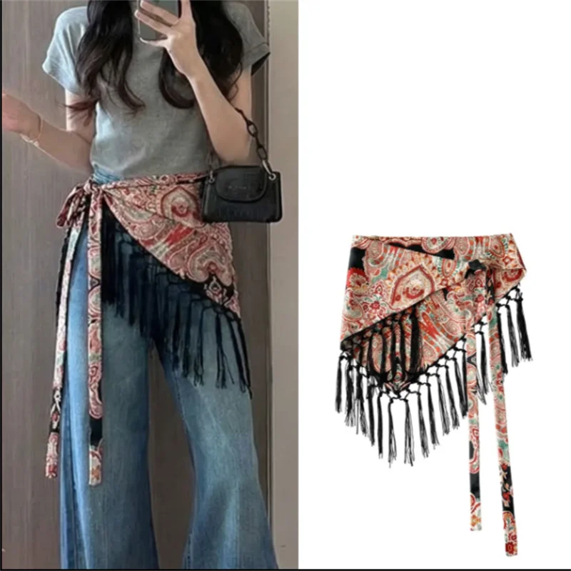 Tassel Girdle Ladies Waistband Printed Triangle Belt Silk Scarf Curtain Stacked Lace Waist Cincher