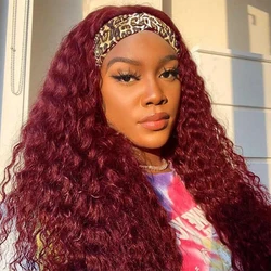 Headband Wig Human Hair Deep Wave 99J Human Hair Headband Curly Wigs for Women Glueless Ombre Red Colored Brazilian Scarf Wigs 