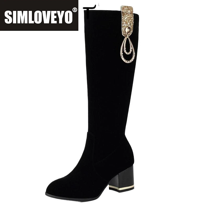 

SIMLOVEYO Брендовые женские длинные сапоги из флока, замшевые туфли с круглым носком на блочном каблуке 6 см, маленький размер 32 33, вечерние повседневные ботинки