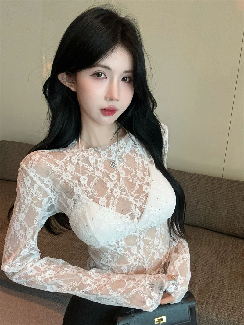 Camiseta de manga larga de encaje sexy para mujer, camiseta base de otoño, ropa interior con transferencia de calor de diamantes, estilo femenino, versión estándar, City Walk