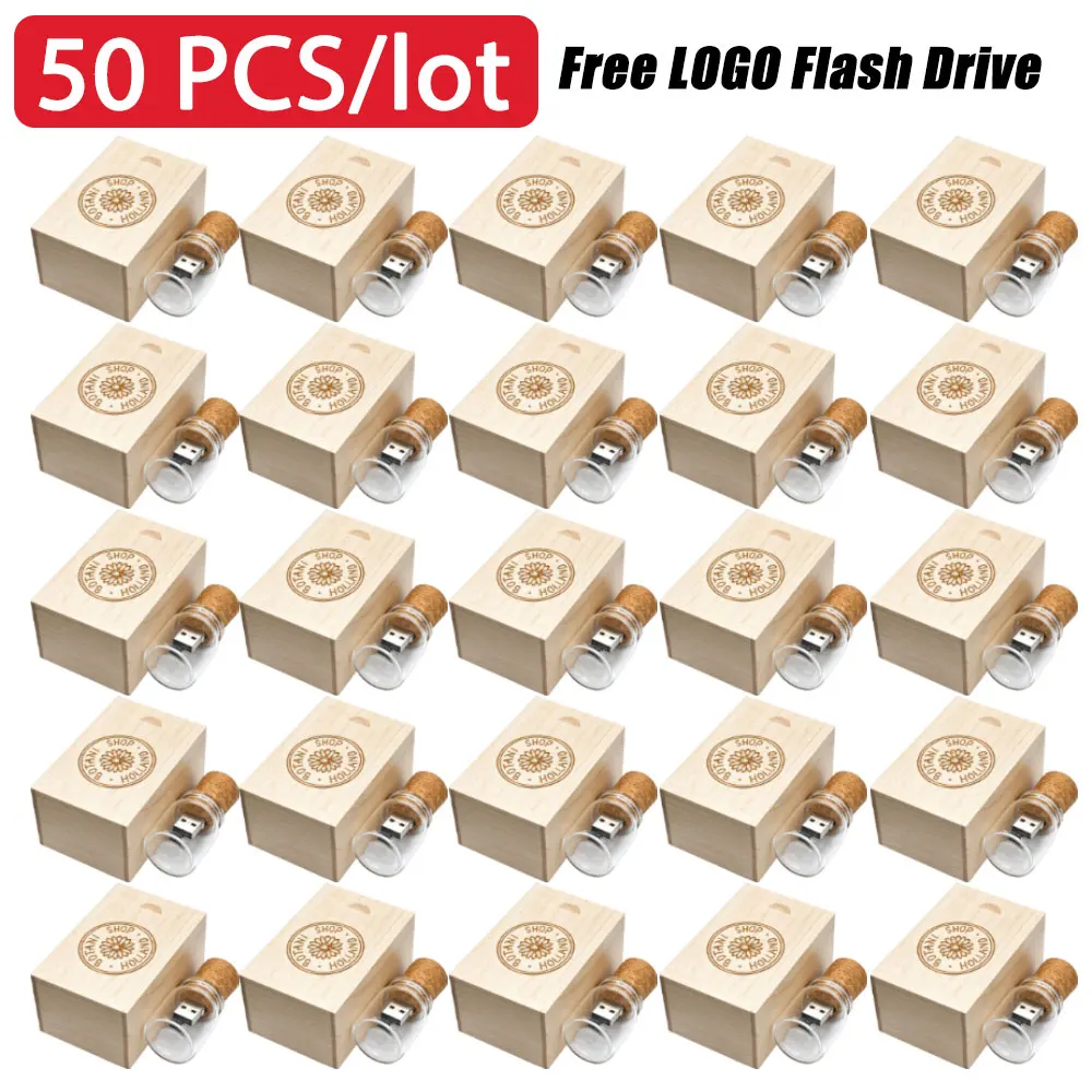 50pcs USB 2.0 free logo Glass Drift Bottle with Cork Flash Drive Stick Pendrive 8GB 16GB 32GB 64GB Pen drive Wedding Gift