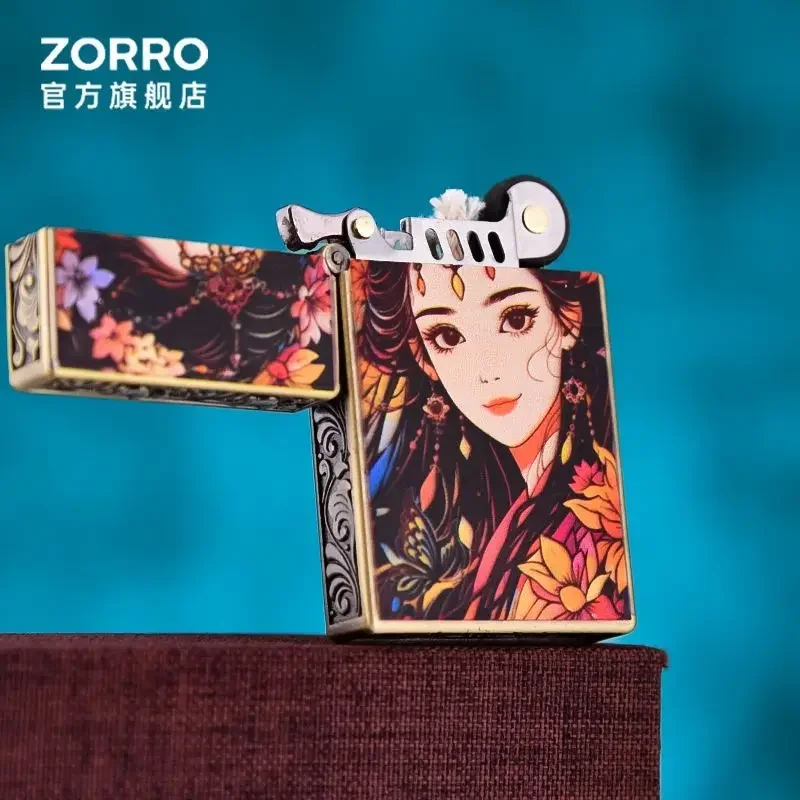 ZORRO جديد أربعة جيل زهرة الله الكيروسين أخف رقيقة جدا المعادن يندبروف طحن عجلة ولاعة السجائر الرجال هدية