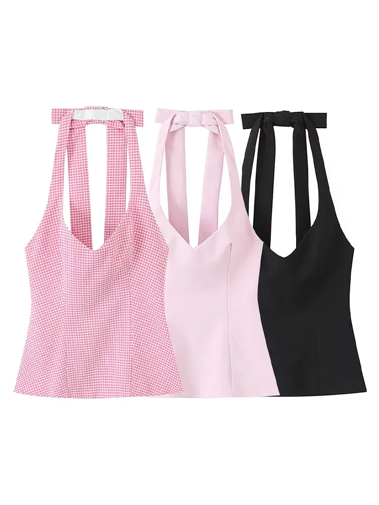 

HH женские сексуальные топы с лямкой на шее, однотонные элегантные тонкие топы в горошек, женские летние новые модные тонкие жилеты без рукавов с открытой спиной