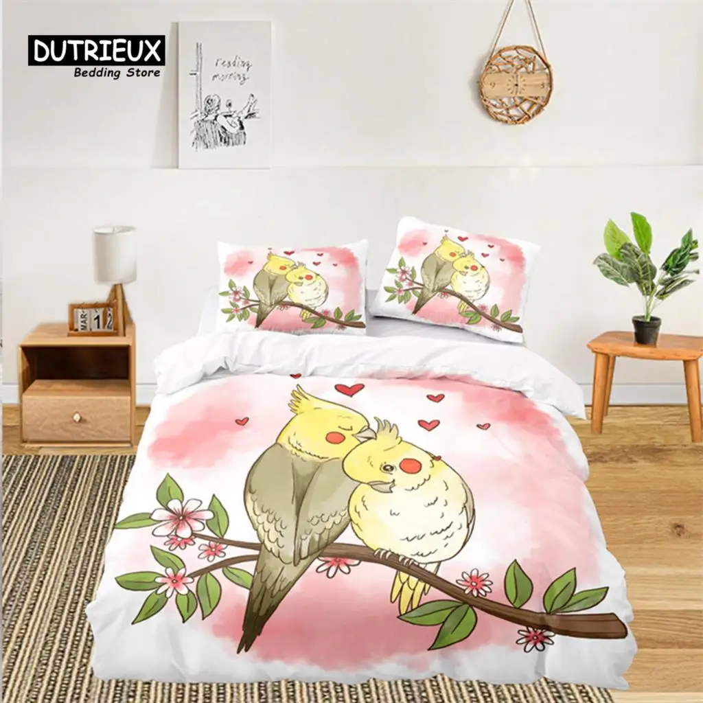 

Cartoon Bird Toddler Bedding Set For Kids Teens Girls Soft Microfiber Parrot Peacock Print Duvet Cover Pillowcases Bedroom Decor