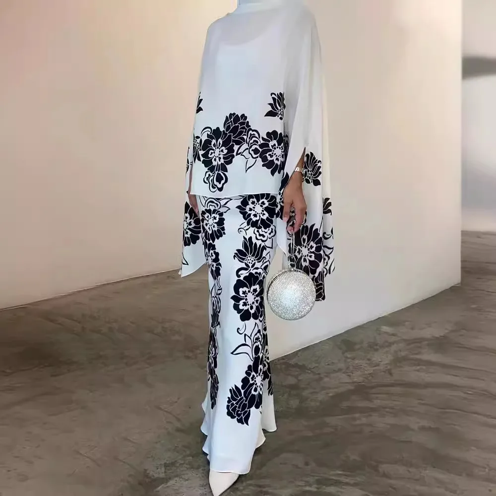 

Elegant Printed Loose 2-piece Set For Women's Fashion Party Bat Sleeve Long Sleeve 2-piece Set For Long Skirt Top Women's Suit