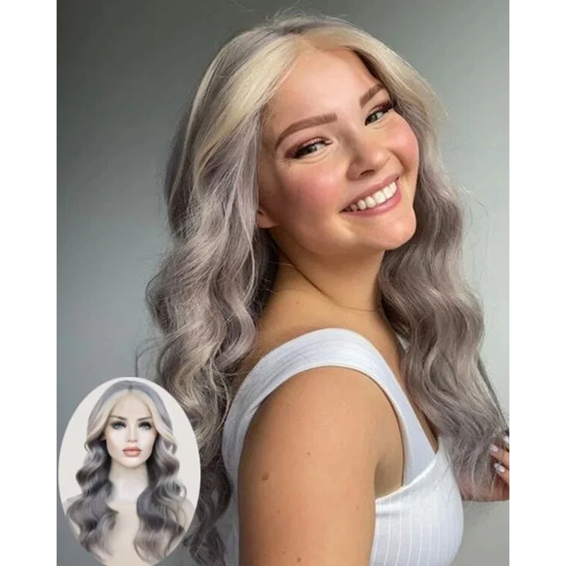 Hair Wig Gray Blonde Highlight Long Body Wave Lace Front Wig Glueless Wigs