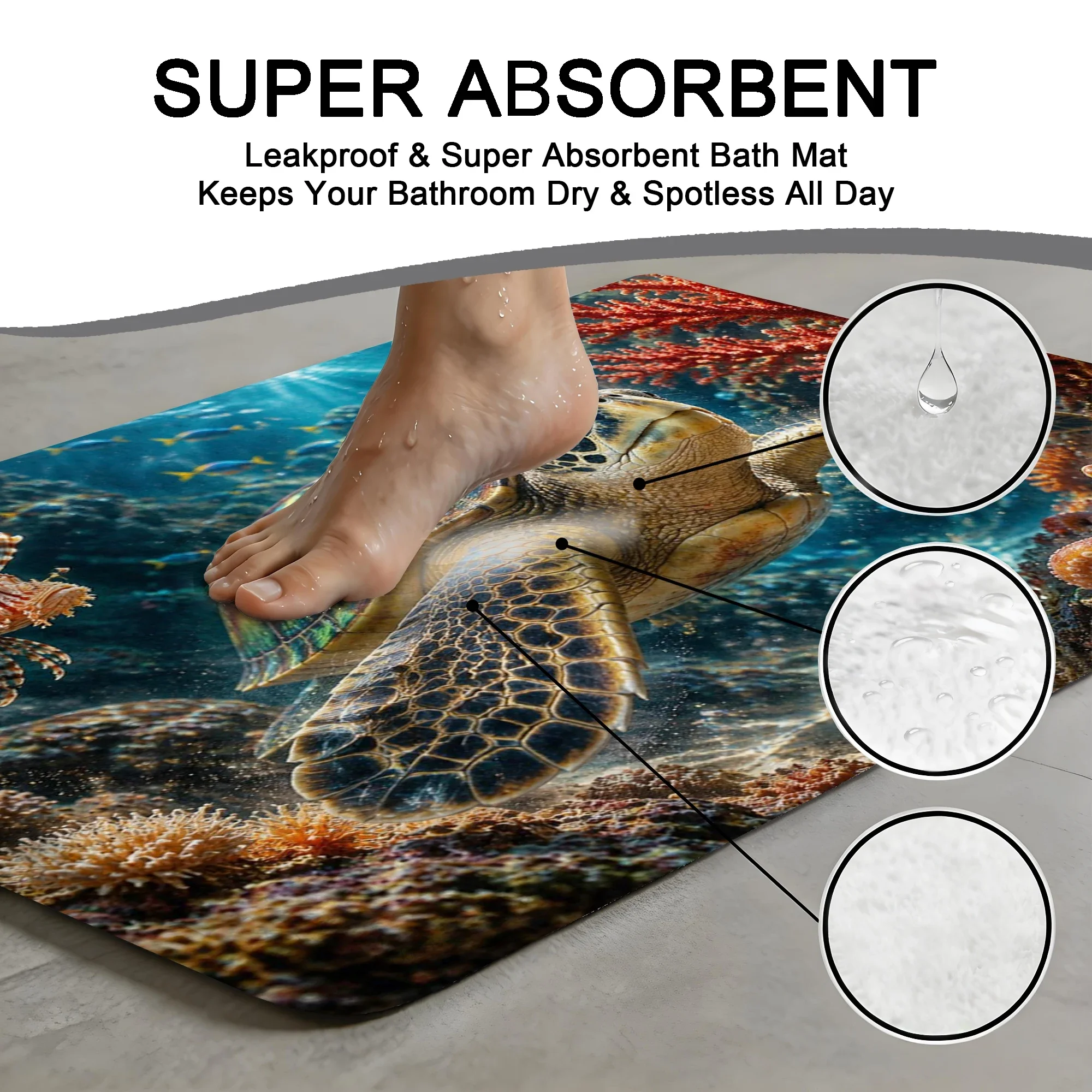 Sea turtle Bath Mat Water Absorbent Quick Dry Anti-Slip Shower Rug Floor Carpet for Bathroom Home Decor