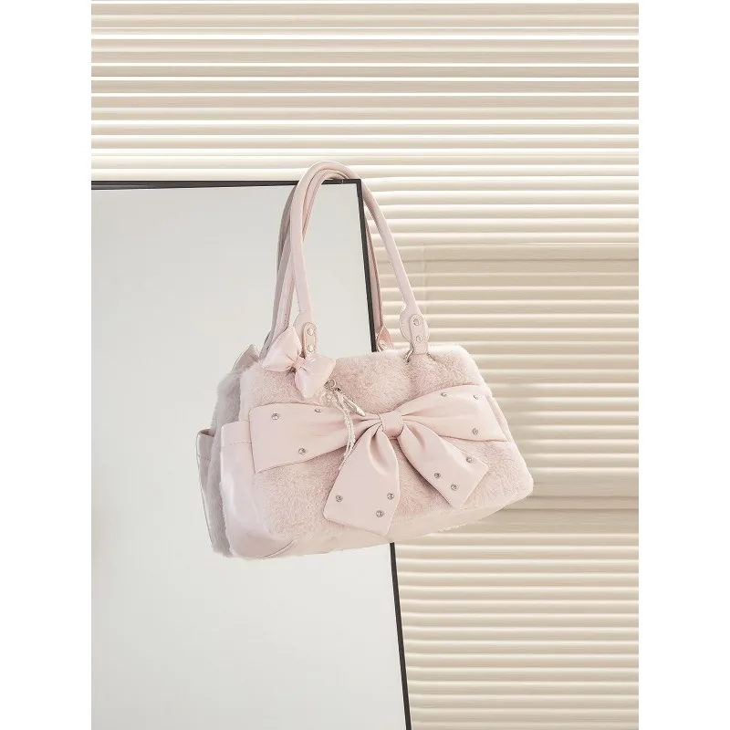 2026 New Vintage Spring Summer Autumn Winter Plush Bow Sweet Flash Pink Shoulder Crossbody Bag Cute Versatile Tote Bag