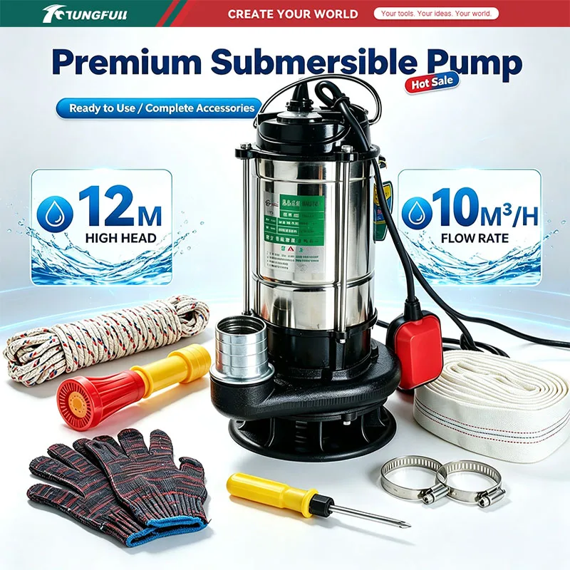 TUNGFULL 220V Submersible Water Pump Stainless Steel Sewage Pump Dirty Water Pump Drainage Pump Sump Pump with Float Switch