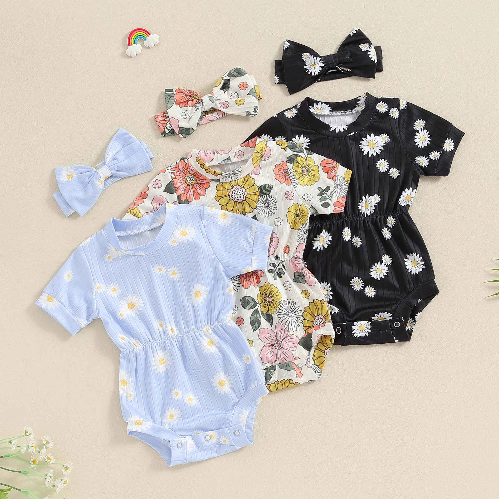 

Baby Girl 2 Piece Summer Bodysuits Set Daisy Print Round Neck Short Sleeve Ribbed Romper Bow Headband Toddler Jumpsuits Outfits