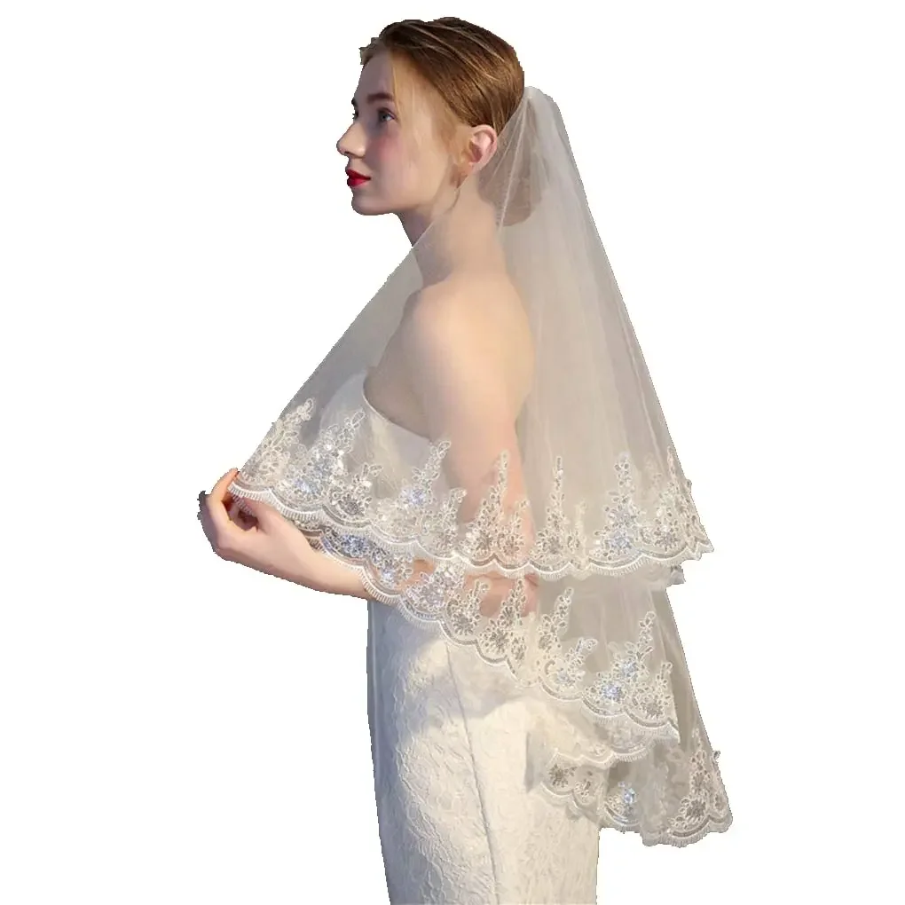 Women's Wedding Two Tier 2T Fingertip Elbow Embroidered Lace for Bride Headpiece Sequin Veil 2023