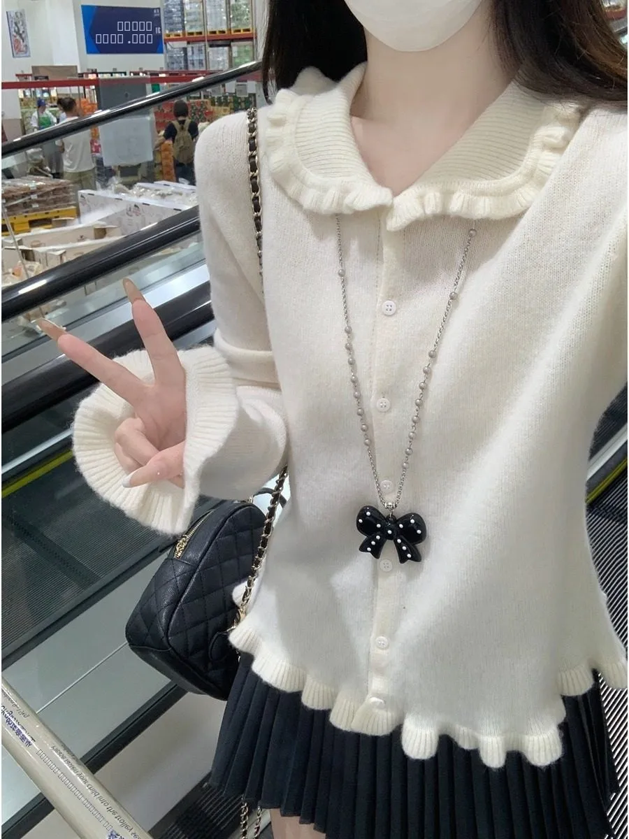 

Корейский тонкий вязаный кардиган, топ, женский зимний модный утягивающий свитер с кружевным кукольным воротником и цветочным принтом, верхняя одежда