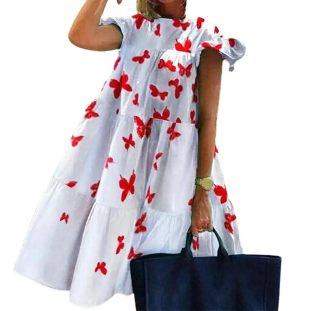 Vintage Dress Women O-Neck Flying Short Sleeve Mini Dress Sweet Floral Print Large Hem Summer Dress Party