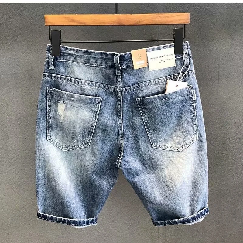 Sommer Herren koreanische Mode Loch Baggy Denim Shorts schöne junge Blue Cargo Jeans Shorts für Männer