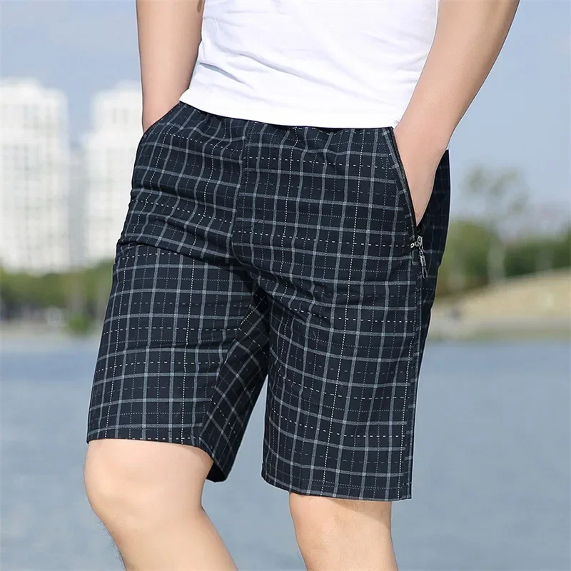 Men's Zipper Casual Five Quarter Pants Plaid Sports Casual Pants Plaid Five Quarter Pure Cotton Washed Five Quarter Pants