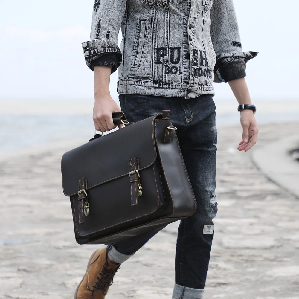 S.WORKER Retro Vollnarbenleder-Handtasche für Herren | Klassische Business-Aktentasche – Detail 4