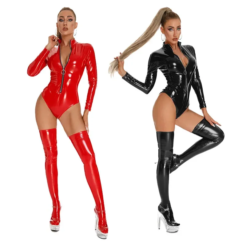 Long Sleeve PVC Leather Bodysuit Sleeve Women Erotic Zipper Sexy Catsuit Shiny Sheath Wetlook Latex Leotard Erotic Bodysuit