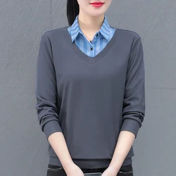 Fake Two-Piece Shirt Collar Splicing Long Sleeved Loose Top New Women'S Spring And Autumn Casual Fashion Versatile T-Shirt Lady