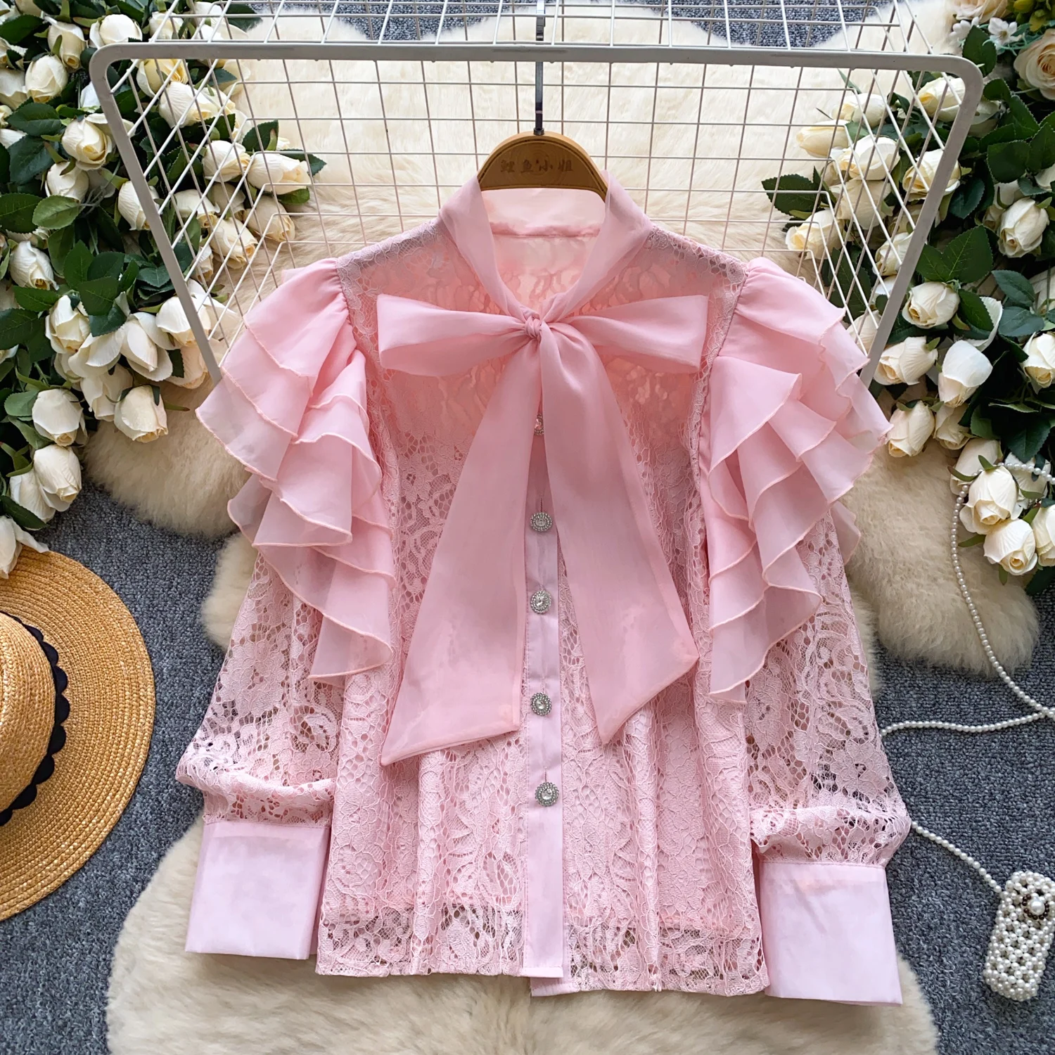 

Vintage Elegant butterfly lace Long Sleeve Print Blouse Fashion Shirt Casual Chic Top Fairy Summer Women Shirt