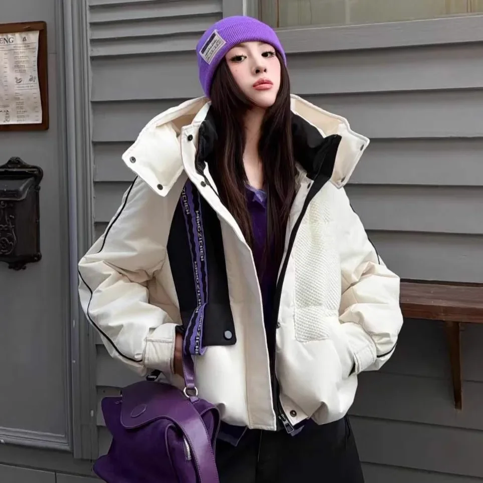 Women White Duck Down Warm Waterproof Parker Female Thick Zipper Jackets Outwears Winter Hooded Patchwork Short Down Jacket