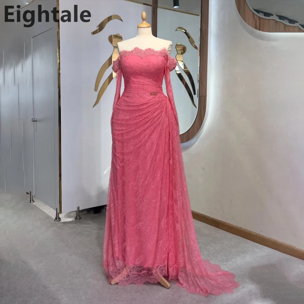 

Eightale Watermelon Red Lace Evening Dress A Line Off Shoulder Long Sleeve Prom Party Dress Women Dubai Formal Gowns Customized