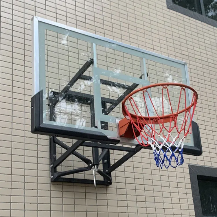 แป้นบาสเก็ตบอลติดผนังแบบยกมือได้ คุณภาพดี สำหรับใช้งานกลางแจ้ง พร้อมแป้นกระจกและห่วงบาสเก็ตบอล