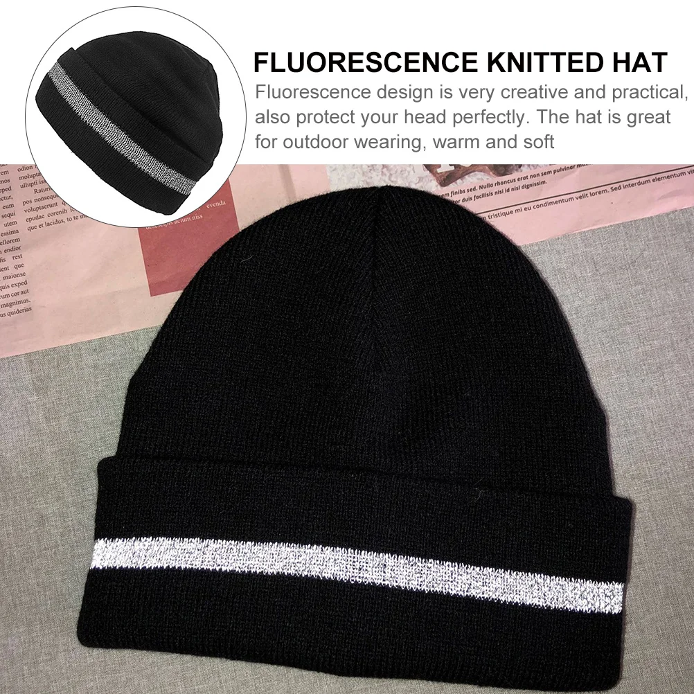 

Fluorescent Knitted Hat Reflective Strip Warm Winter Outdoor Sports Cap Unisex Fashion Accessory Cycling Hat Chic Hemming
