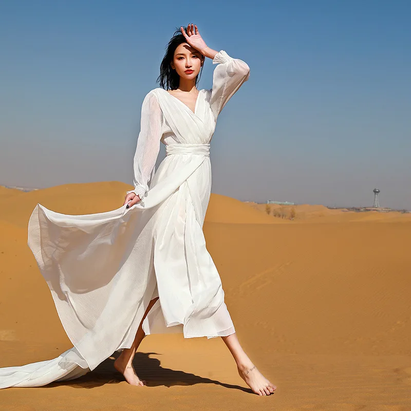 Jastie Vintage elegante abito lungo da festa donna tinta unita scollo a V manica a lanterna abiti a vita alta abiti Boho Holiday Chic