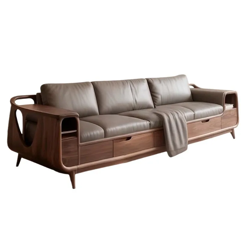 Solid wood sofa antique new living room leather dirt-resistant disassembly comfortable black walnut