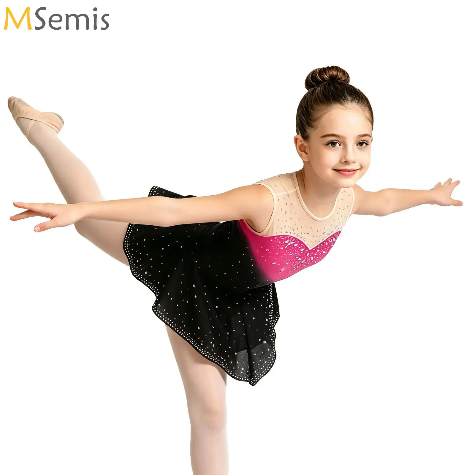 Kids Girls Figure Skating Rhythmic Gymnastics Skirted Leotard Asymmetrical Shiny Rhinestones Contrast Color Dress Ballerina Wear
