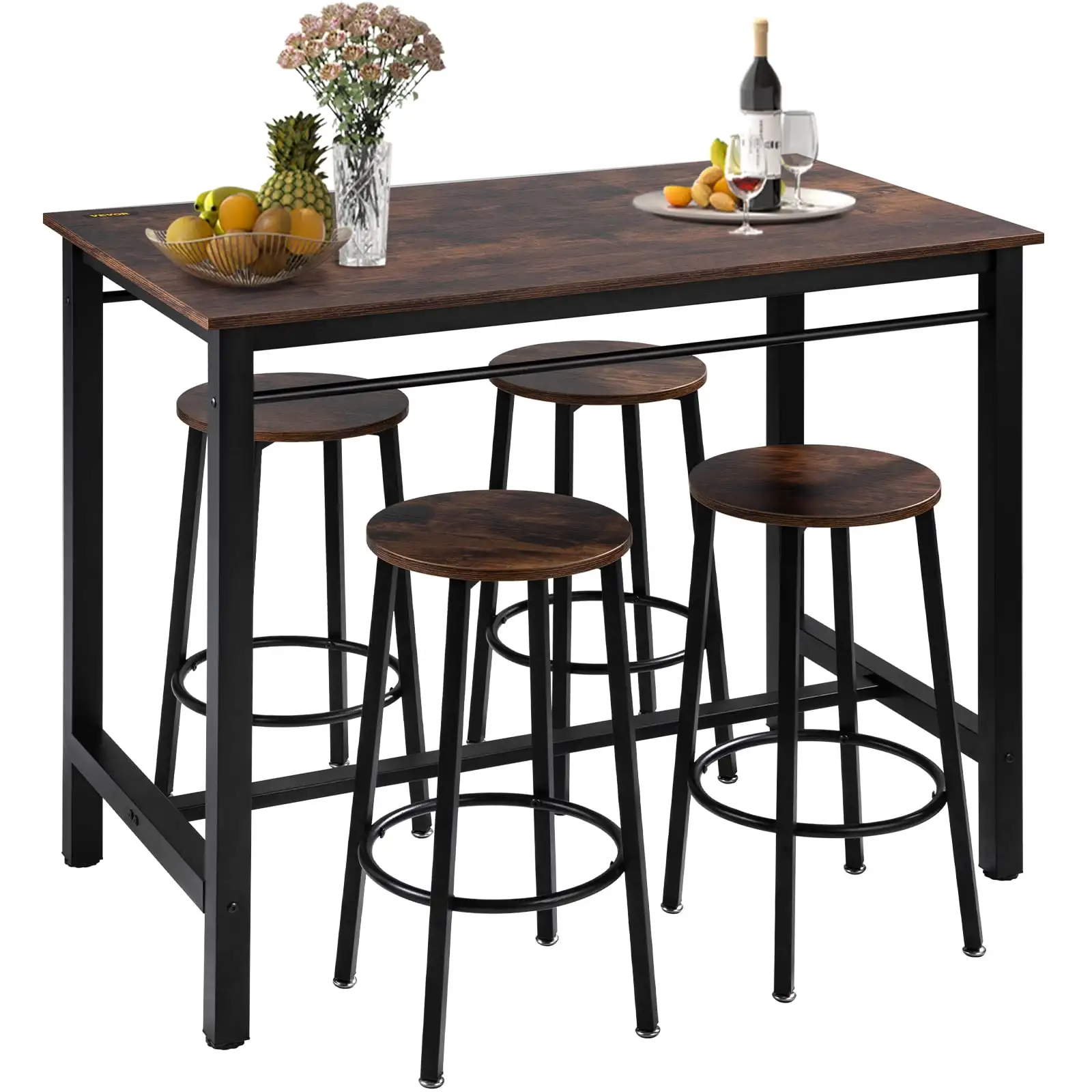 43" Bar Table and Chairs Set, Pub Table Set w/ 4 Stools, 5 Piece Counter Height Dining Sets, Rustic Brown