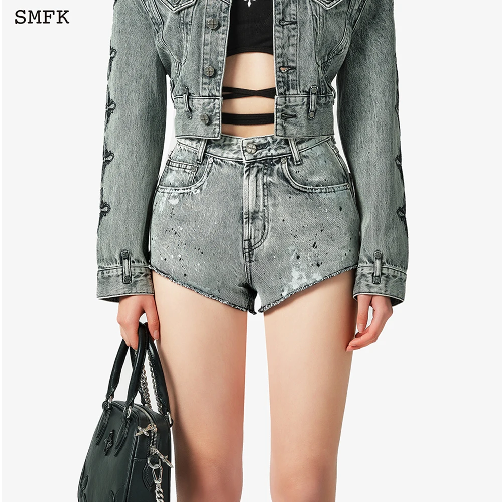 SMFK Compass Straight Leg Shorts Gray Hand-painted Denim Shorts Women's Embroidery Washed Ink-splashed Straight-leg Pants Summer
