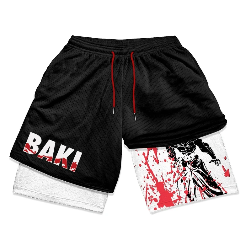 Anime Baki Hanma Gym Workout Shorts for Men Athletic Quick Dry 2 in 1 Compression Shorts Cosplay Costume