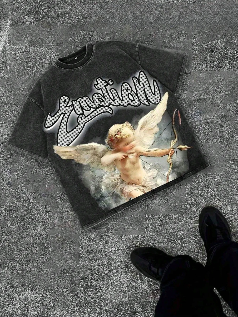 Camiseta pesada de algodón puro lavada con estampado Cupido, unisex, casual, cómoda, de moda, camiseta de algodón estilo callejero