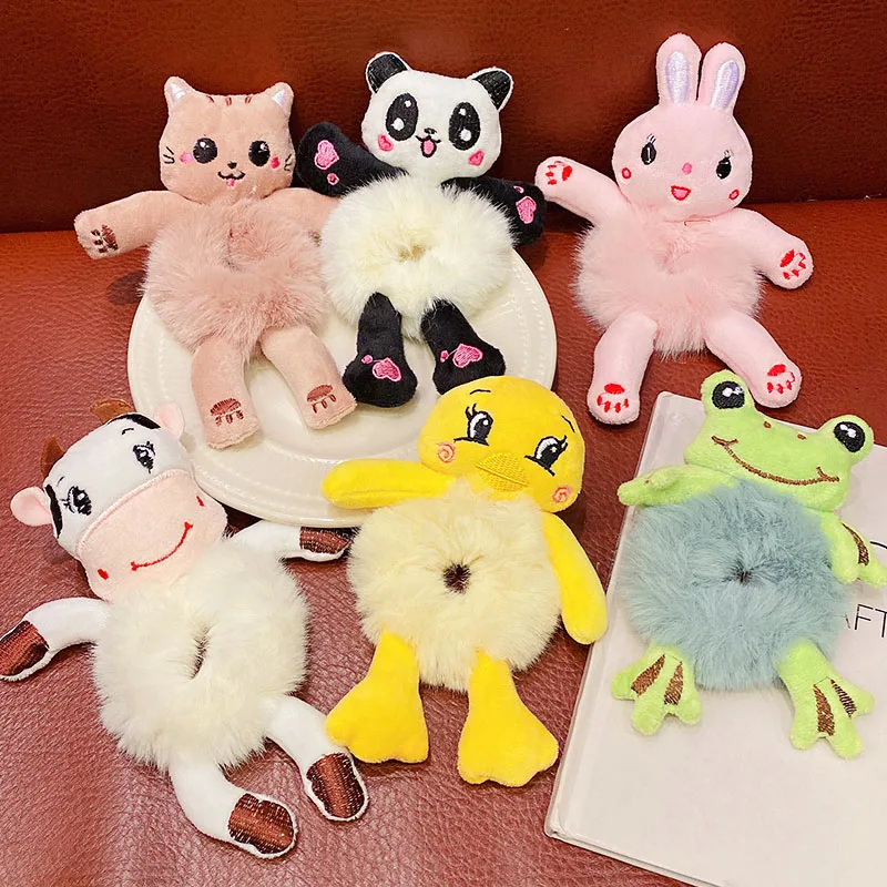 Cartoon Plush Hair Ties Panda Rabbit Frog Women Girls Elastic Hair Rope Cute Fluffy Animal Hair Bands Baby Kids Hair Accessories